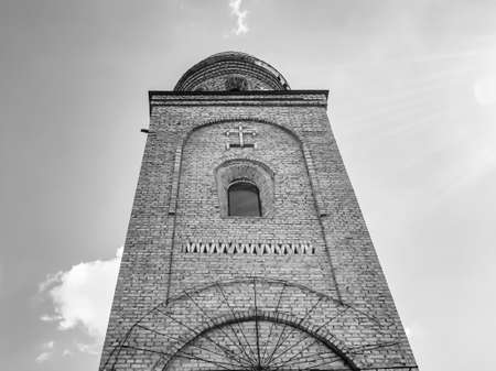 Christian church cross in high steeple tower for prayer, photography consisting of beautiful church...