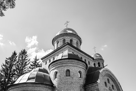 Christian church cross in high steeple tower for prayer, photography consisting of beautiful church...