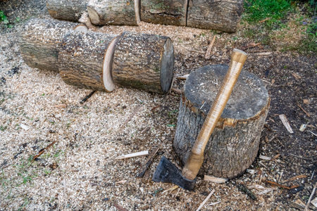 Photography on theme big steel ax with wooden handle, metal ax for wood chopping, photo old ax consisting of one ax on nature background, forged ax it main accessory male, natural ax for survivalの写真素材