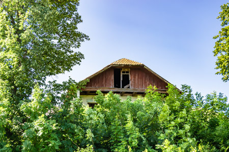 Beautiful old abandoned building farm house in countryside on natural background, photography consisting of old abandoned building farm house at wild grass, old abandoned building farm house over skyの写真素材