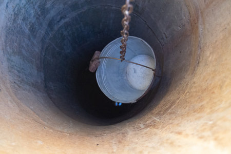 Old well with iron bucket on long forged chain for clean drinking water, photography consisting of old rounded well with roof, clear water in big bucket, spring water at aluminum bucket from old wellの写真素材