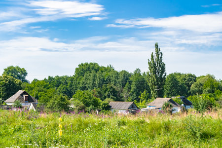 Beautiful old abandoned building farm house in countryside on natural background, photography consisting of old abandoned building farm house at wild grass, old abandoned building farm house over skyの写真素材