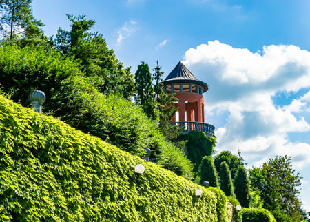 Photography on theme ancient brick castle with large tower on background natural nature, photo consisting of ancient brick castle with big tower, ancient brick castle with high tower in cloudy skyのeditorial素材
