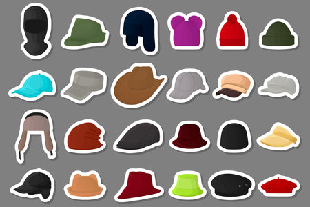 Illustration on theme big kit different types of hats, beautiful caps in white background, caps pattern consisting of collection of various hats for wearing on head, hats diverse design, caps for weatherのイラスト素材