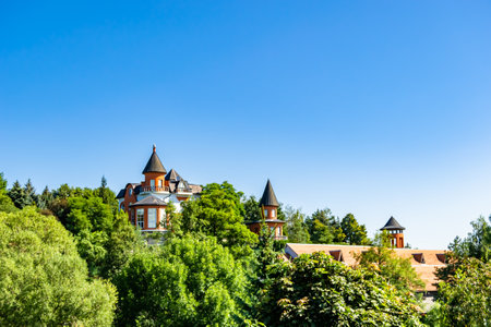 Photography on theme ancient brick castle with large tower on background natural nature, photo consisting of ancient brick castle with big tower, ancient brick castle with high tower in cloudy skyのeditorial素材