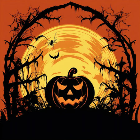 Big orange scary pumpkin on holiday Halloween, AI generatedの素材