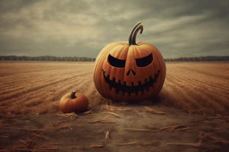 Big scary pumpkin on holiday Halloween, AI generatedの素材