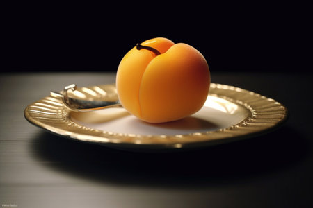 Juicy delicious bright apricot lies on a beautiful plate, Ai generatedの素材