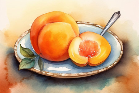 Juicy delicious bright apricot lies on a beautiful plate, Ai generatedの素材