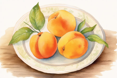 Juicy delicious bright apricot lies on a beautiful plate, Ai generatedの素材