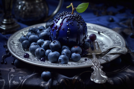 Juicy delicious bright blueberry lies on a beautiful plate, Ai generatedの素材