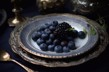 Juicy delicious bright blueberry lies on a beautiful plate, Ai generatedの素材