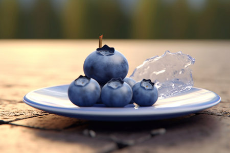 Juicy delicious bright blueberry lies on a beautiful plate, Ai generatedの素材