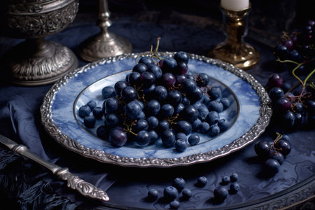 Juicy delicious bright blueberry lies on a beautiful plate, Ai generatedの素材