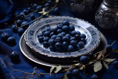 Juicy delicious bright blueberry lies on a beautiful plate, Ai generatedの素材