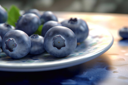 Juicy delicious bright blueberry lies on a beautiful plate, Ai generatedの素材