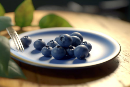 Juicy delicious bright blueberry lies on a beautiful plate, Ai generatedの素材