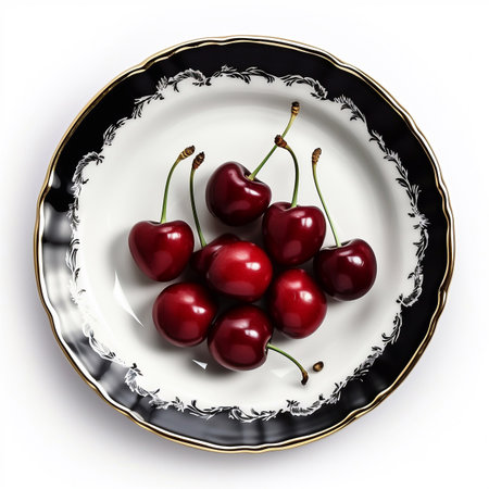 Juicy delicious food cherry lies on beautiful plate, Ai generatedの素材