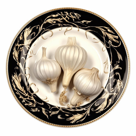 Juicy delicious food garlic lies on beautiful plate, Ai generatedの素材