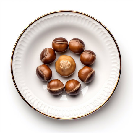 Juicy delicious nut hazelnut lies on beautiful plate, Ai generatedの素材