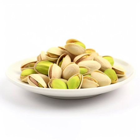 Juicy delicious nut pistachio lies on beautiful plate, Ai generatedの素材