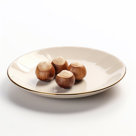 Juicy delicious nut hazelnut lies on beautiful plate, Ai generatedの素材