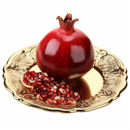 Juicy delicious food pomegranate lies on beautiful plate, Ai generatedの素材