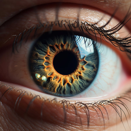 Beautiful big round eye with eyelashes and pupil looking ahead is shown close up, Ai generatedの素材
