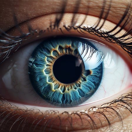 Beautiful big round eye with eyelashes and pupil looking ahead is shown close up, Ai generatedの素材