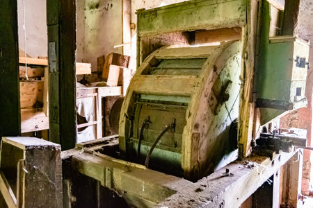 Photography on theme outstanding building beautiful brick old water mill, photo consisting of big brick old water mill outdoor in rural, brick old water mill situated on riverside country lifestyleの写真素材