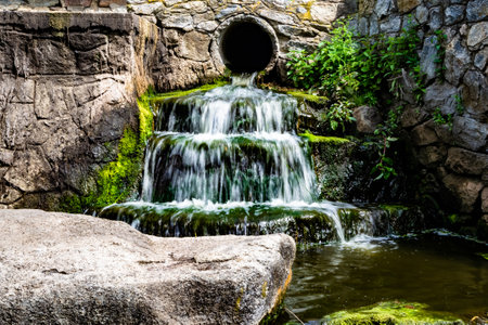 Photography on theme beautiful fall water from garden waterfall, natural texture close up, photo...