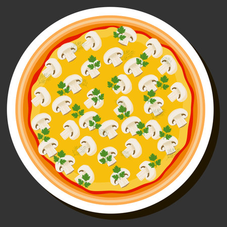 Illustration on theme big hot tasty pizza to pizzeria menu, Italian pizza consisting of various ingredients such as crispy baked dough, red tomato, German sausage, champignon mushrooms and much moreのイラスト素材