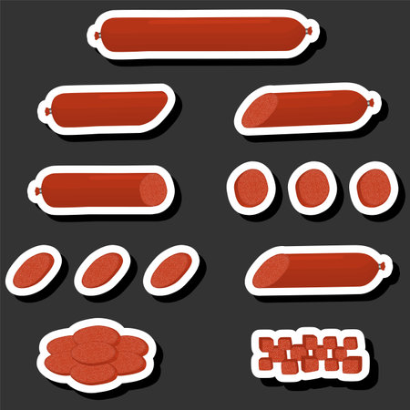 Illustration on theme big set different types delicatessen meat sausages, delicatessen consisting of collectible natural tasty food meat sausages, eat fresh delicatessen sausages from meat on healthのイラスト素材