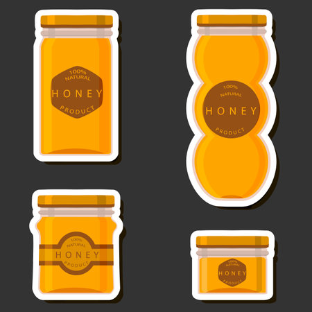 Illustration on theme sugary flowing down honey in honeycomb with bee, jar consisting from sticky honey at honeycomb off bee, honey in bee honeycomb to jar bright labelのイラスト素材