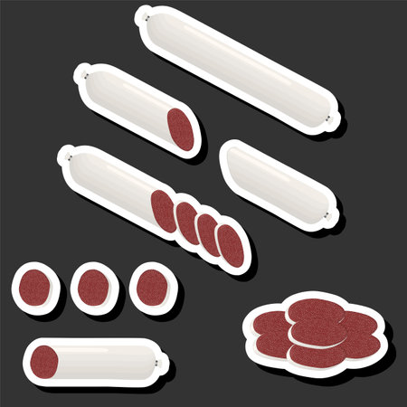 Illustration on theme big set different types delicatessen meat sausages, delicatessen consisting of collectible natural tasty food meat sausages, eat fresh delicatessen sausages from meat on healthのイラスト素材