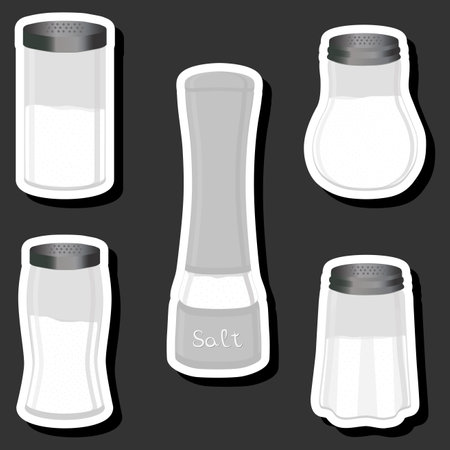 Illustration on theme big set different types ware filled with salt for organic cooking, salt in shaker for restaurant menuのイラスト素材