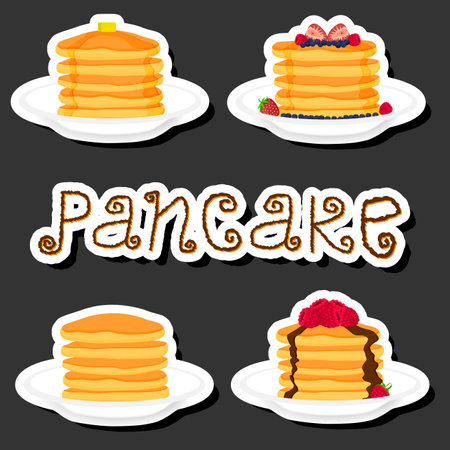 Illustration on theme fresh sweet tasty pancake of consisting of various ingredients, pancake of different edible food, design pancake this cool meal for restaurant, cafe and barのイラスト素材