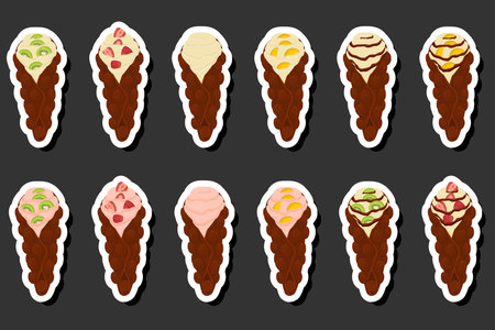 Illustration on theme big kit different types cone waffle with bubbles for dessert biscuit, waffle consisting of tasty cone shaped biscuit in bubbles, cone waffle from bubbles it natural sweet biscuitのイラスト素材