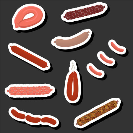 Illustration on theme big set different types delicatessen meat sausages, delicatessen consisting of collectible natural tasty food meat sausages, eat fresh delicatessen sausages from meat on healthのイラスト素材