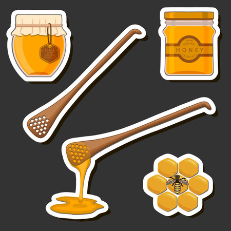 Illustration on theme sugary flowing down honey in honeycomb with bee, jar consisting from sticky honey at honeycomb off bee, honey in bee honeycomb to jar bright labelのイラスト素材