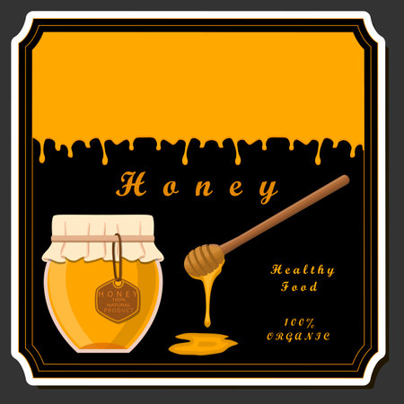 Illustration on theme sugary flowing down honey in honeycomb with bee, jar consisting from sticky honey at honeycomb off bee, honey in bee honeycomb to jar bright labelのイラスト素材