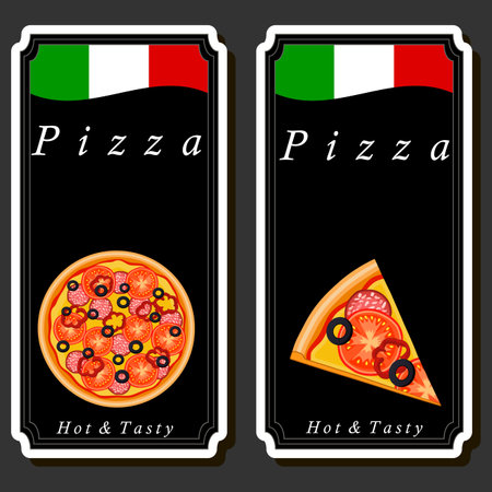 Illustration on theme big hot tasty pizza to pizzeria menu, Italian pizza consisting of various ingredients such as crispy baked dough, red tomato, German sausage, champignon mushrooms and much moreのイラスト素材