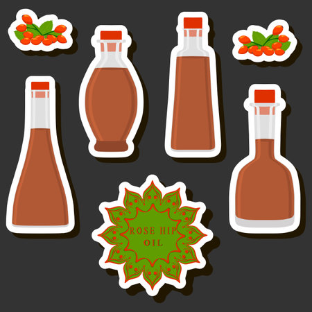 Illustration on theme big set different types liquid oil, bottle various sizes, collection meal oil for organic health beverage in bottle, oil in exclusive full bottleのイラスト素材