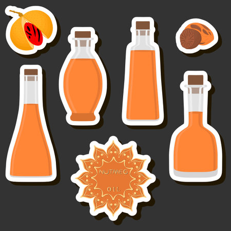 Illustration on theme big set different types liquid oil, bottle various sizes, collection meal oil for organic health beverage in bottle, oil in exclusive full bottleのイラスト素材