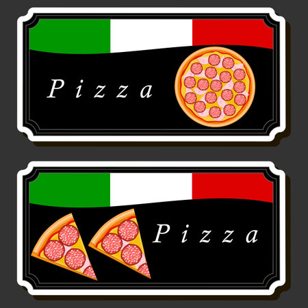 Illustration on theme big hot tasty pizza to pizzeria menu, Italian pizza consisting of various ingredients such as crispy baked dough, red tomato, German sausage, champignon mushrooms and much moreのイラスト素材