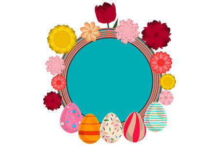 Illustration on theme celebration holiday Easter with hunt colorful bright eggs, banner consisting of hunt different Easter eggs, hunt beautiful Easter eggs are main accessory at abstract backgroundのイラスト素材