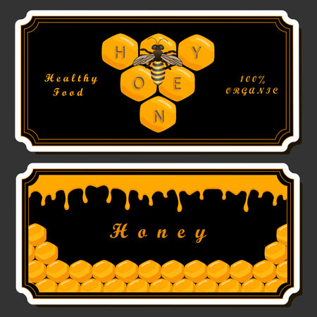Illustration on theme for label of sugary flowing down honey in honeycomb with bee, label consisting from kit sticky honey at honeycomb off bee, honey in bee honeycomb to big set bright labelのイラスト素材
