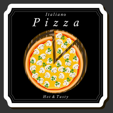 Illustration on theme big hot tasty pizza to pizzeria menu, Italian pizza consisting of various ingredients such as crispy baked dough, red tomato, German sausage, champignon mushrooms and much moreのイラスト素材
