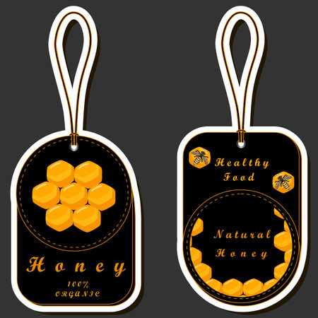 Illustration on theme for label of sugary flowing down honey in honeycomb with bee, label consisting from kit sticky honey at honeycomb off bee, honey in bee honeycomb to big set bright labelのイラスト素材