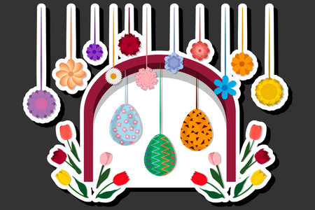 Illustration on theme celebration holiday Easter with hunt colorful bright eggs, banner consisting of hunt different Easter eggs, hunt beautiful Easter eggs are main accessory at abstract backgroundのイラスト素材
